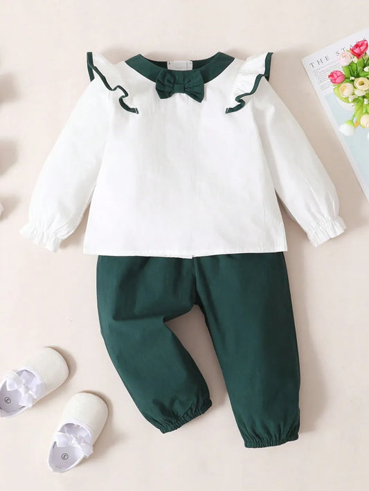 Children's Contrast Ruffled Top and Pants Set White Green