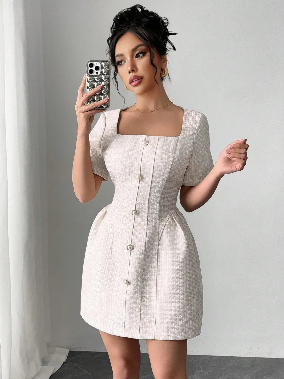 Square Neck Short Sleeve Mini Dress