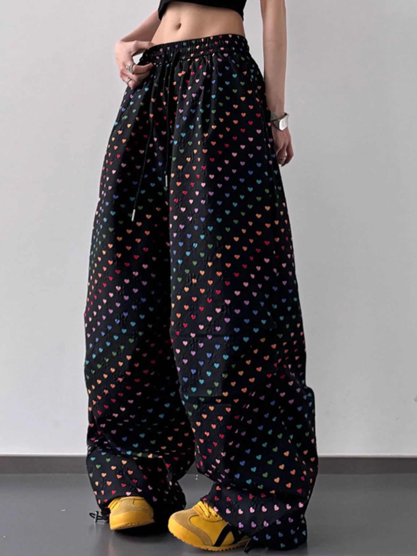 Heart Print Drawstring Wide Leg Pants