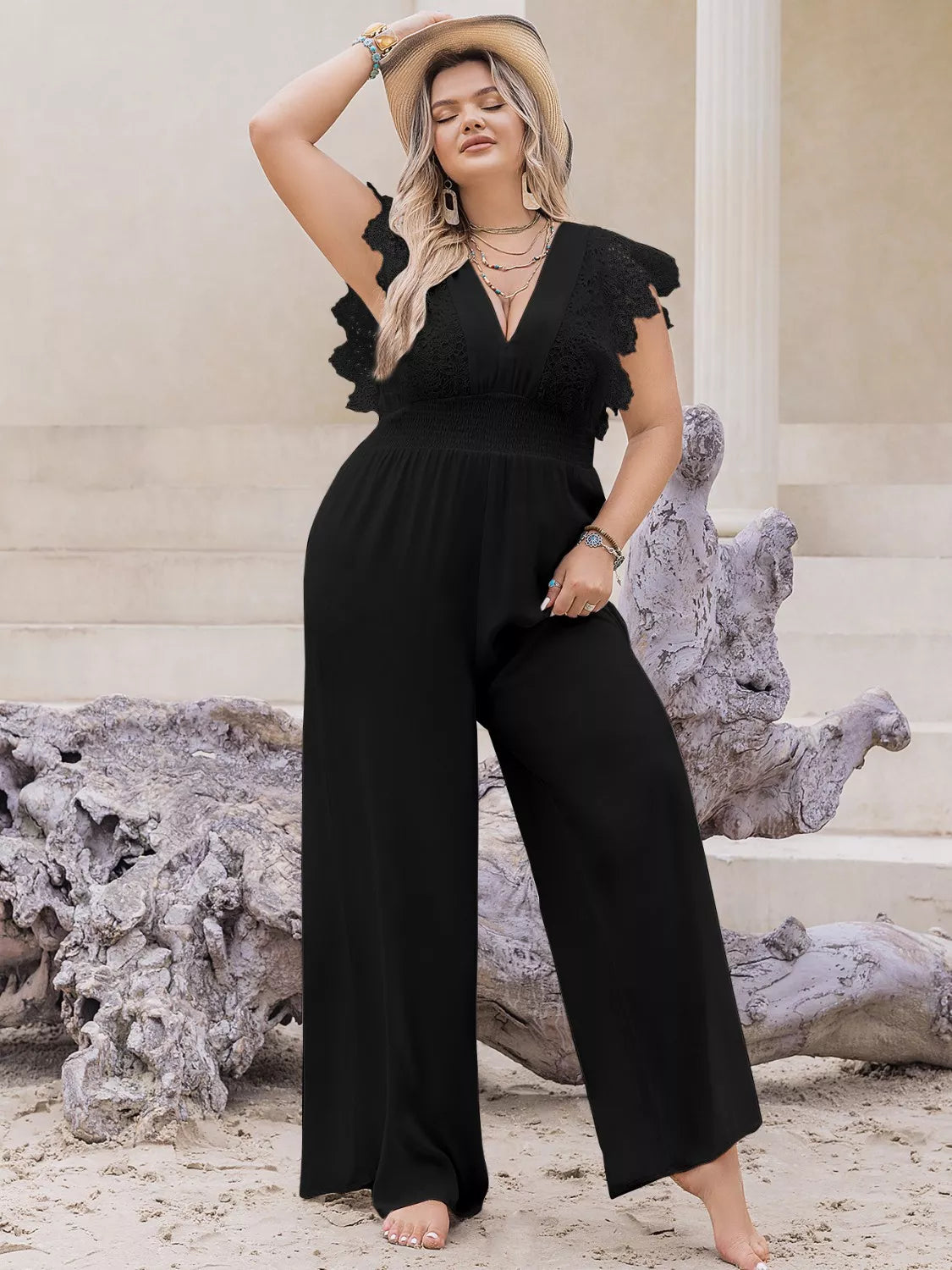 Plus Size Lace Cap Sleeve Wide Leg Jumpsuit