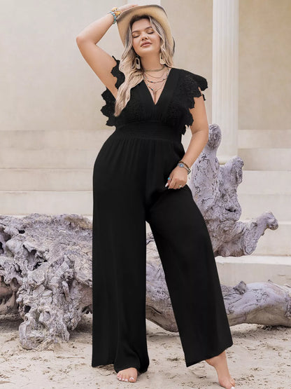 Plus Size Lace Cap Sleeve Wide Leg Jumpsuit