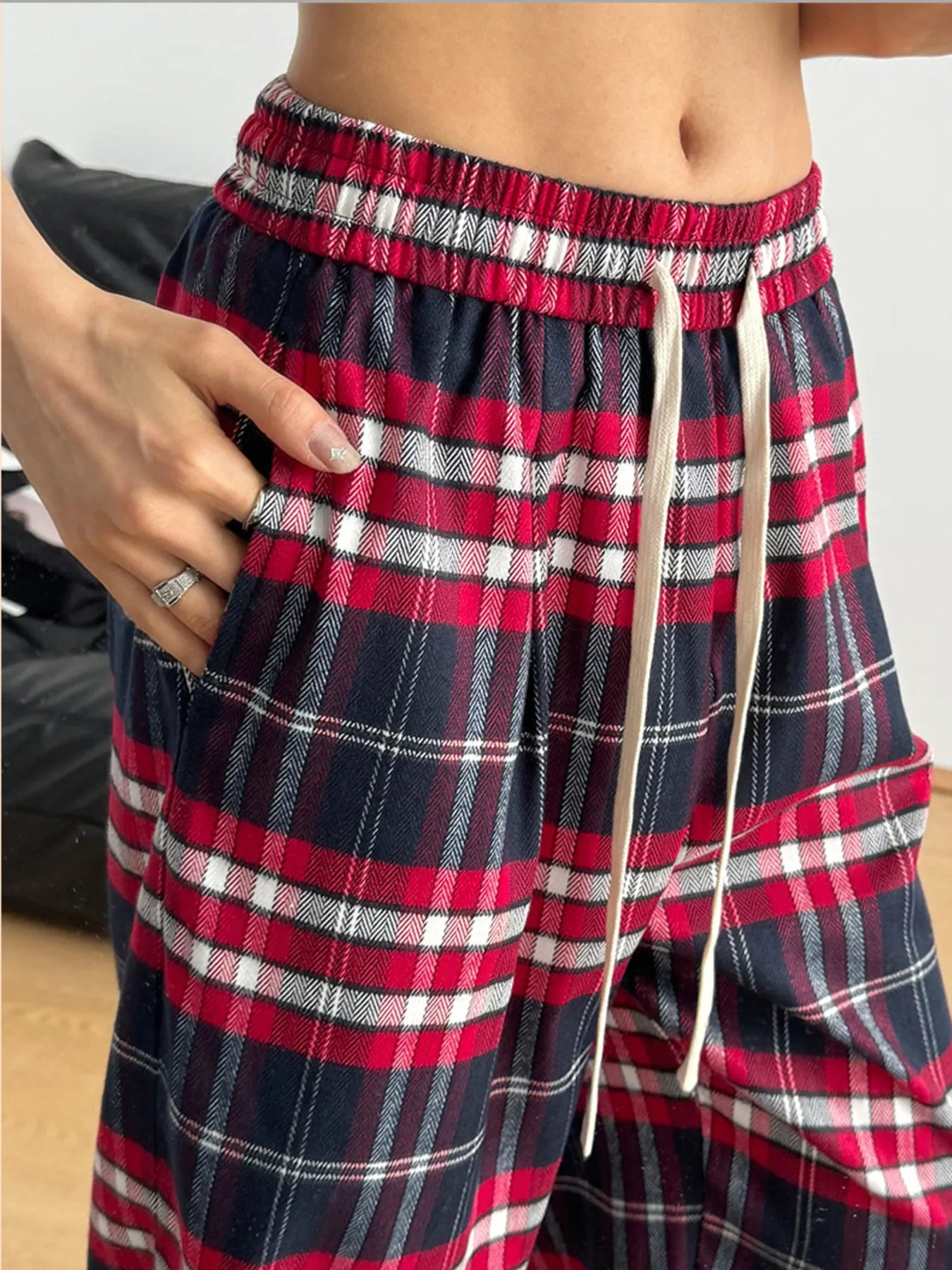 Drawstring Plaid Pants Red