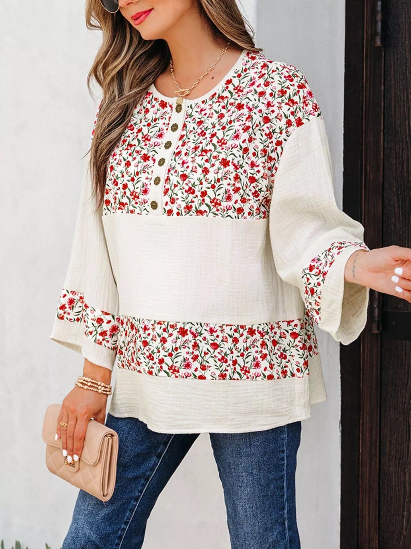 Floral Print Henley Button 3/4 Sleeve Blouse