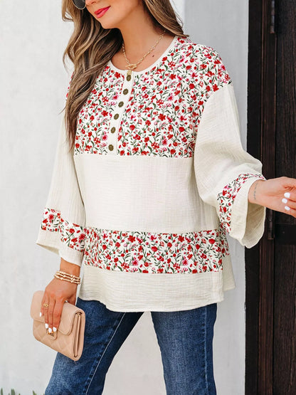 Floral Print Henley Button 3/4 Sleeve Blouse
