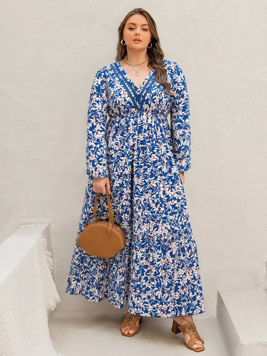 Plus Size Floral Print V-Neck Long Sleeve Maxi Dress Blue Purple