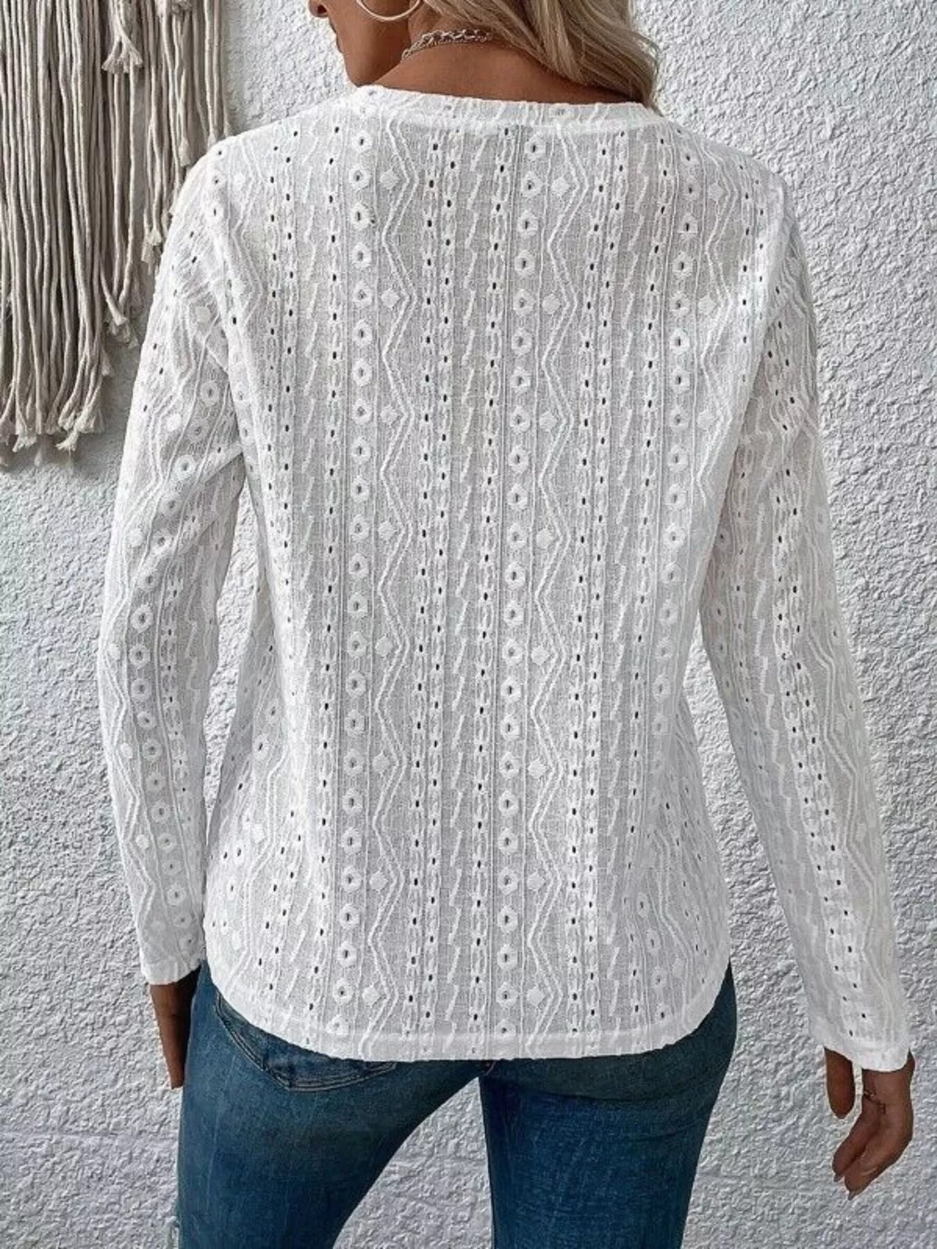 Full Size Eyelet Round Neck Long Sleeve Blouse Plus Size