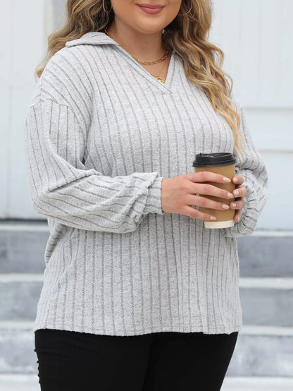 Plus Size Ribbed Knit Polo Collar T-Shirt