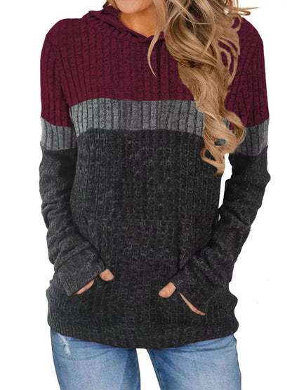 Full Size Color Block Ribbed Knit Hoodie Plus Size Burgundy