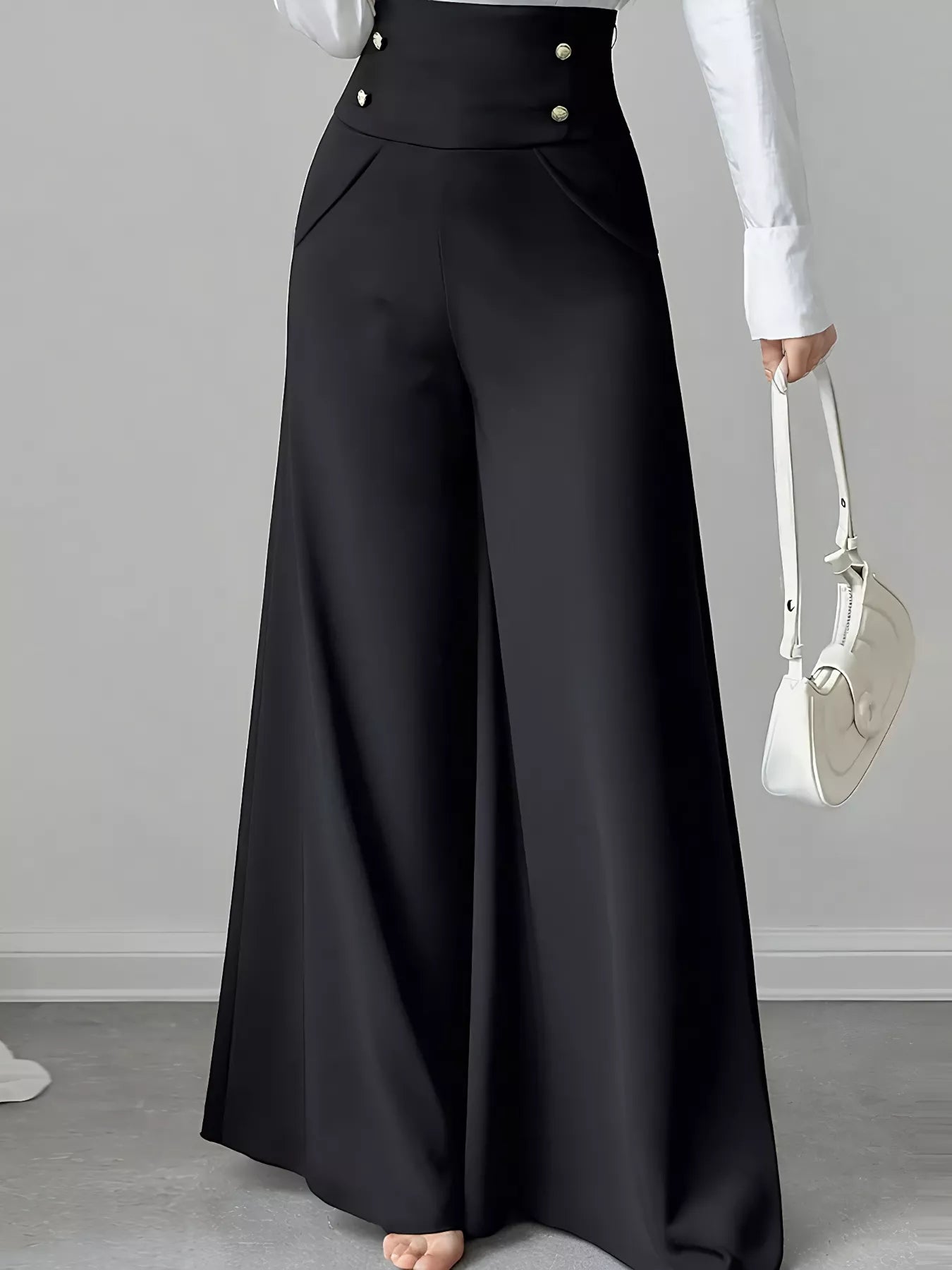 High Waist Wide Leg Button Decor Pants Black