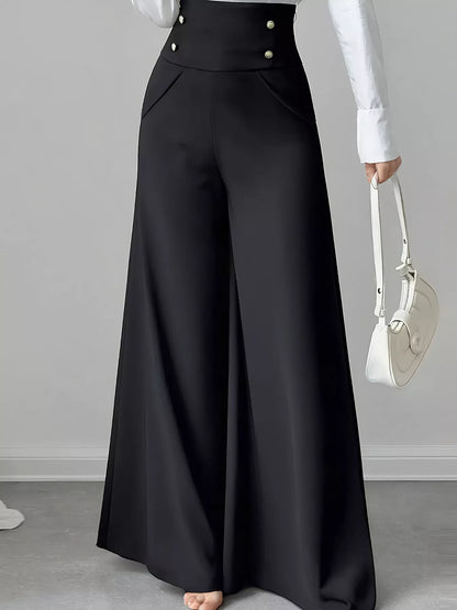 High Waist Wide Leg Button Decor Pants Black