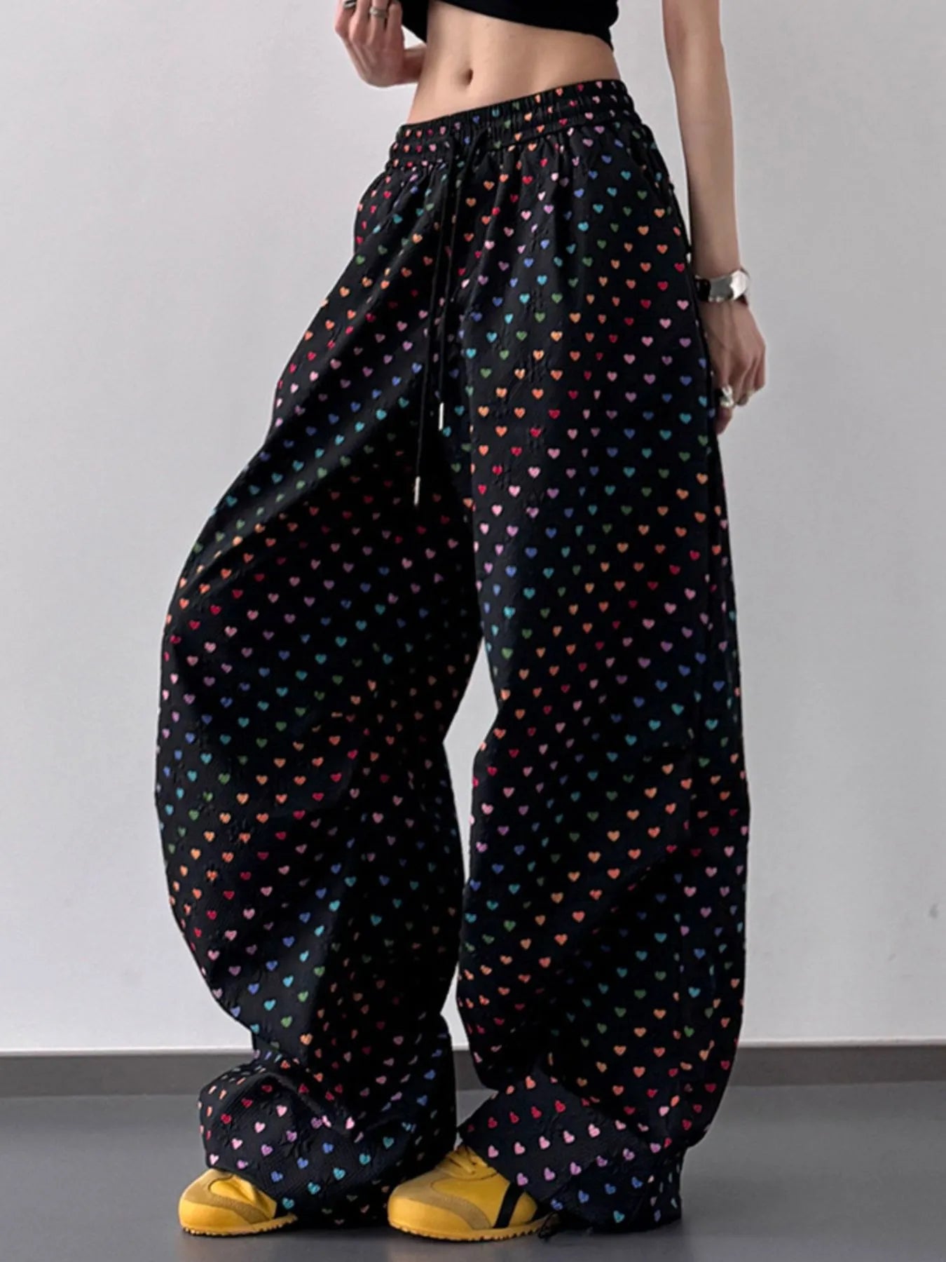 Heart Print Drawstring Wide Leg Pants Black