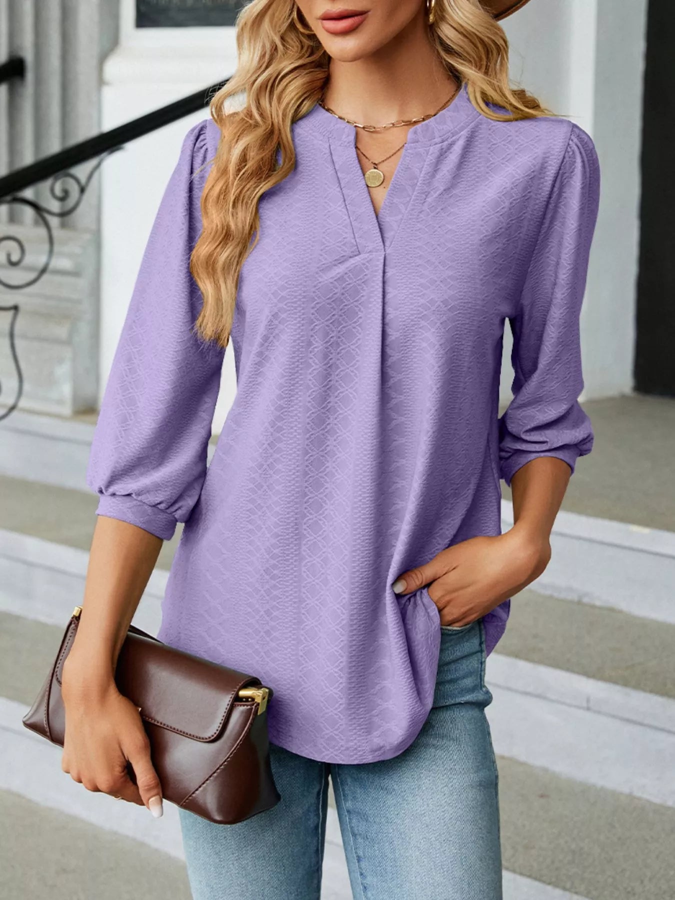 Notched 3/4 Sleeve Casual Top Lavender