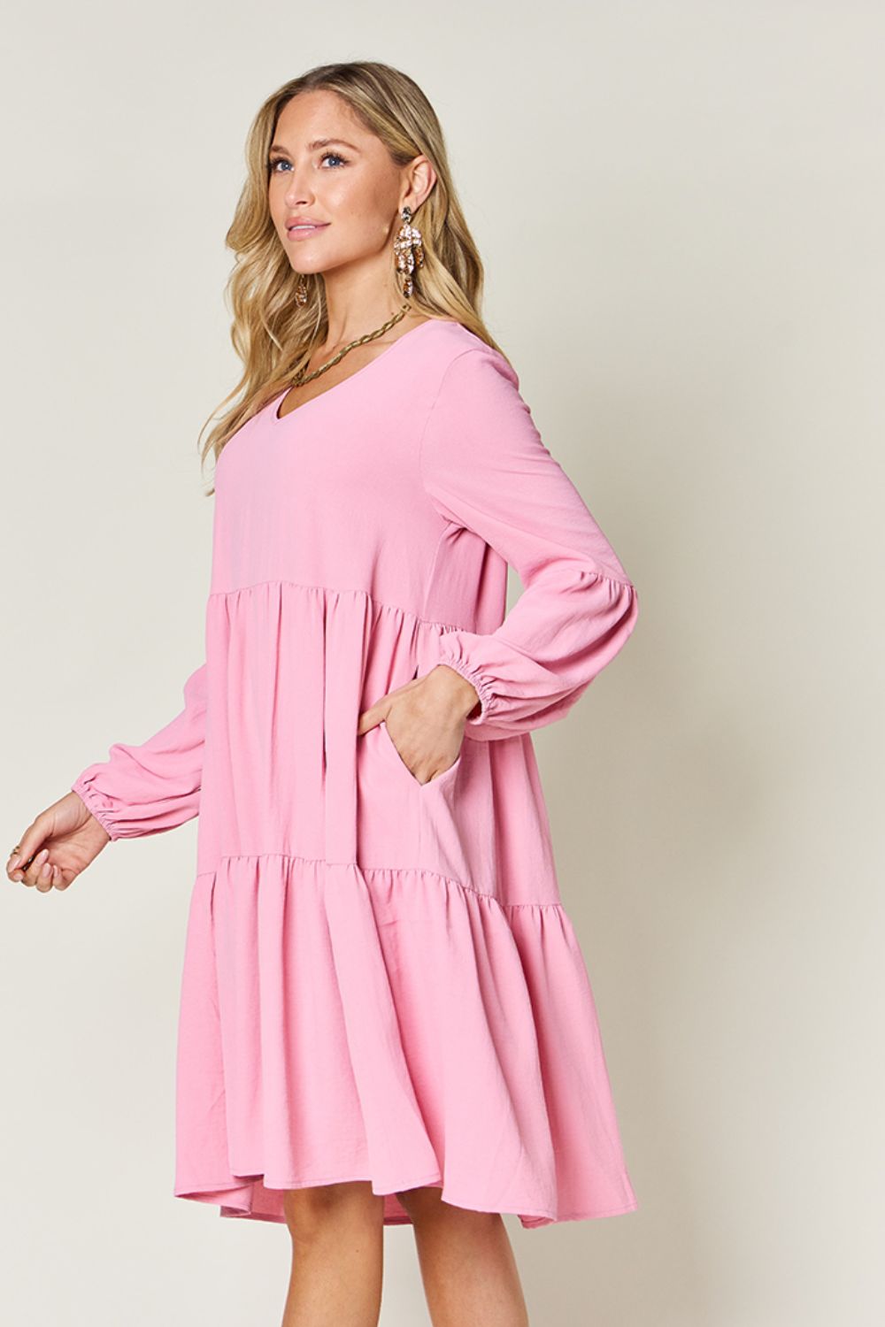V-Neck Balloon Sleeve Tiered Boho Midi Dress