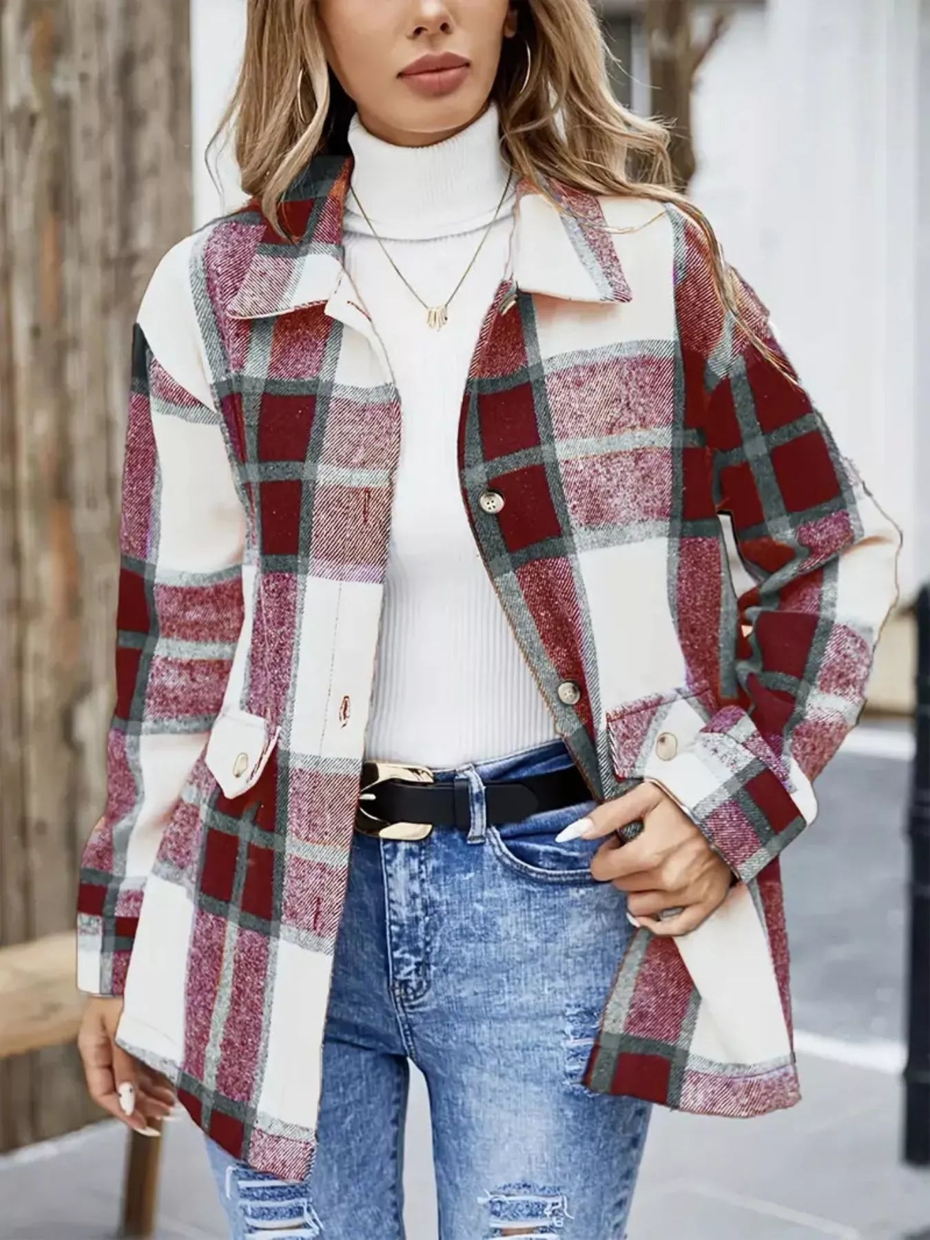 Plaid Button-Up Long Sleeve Shacket Burgundy