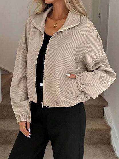 Drawstring Hem Textured Long Sleeve Jacket Khaki