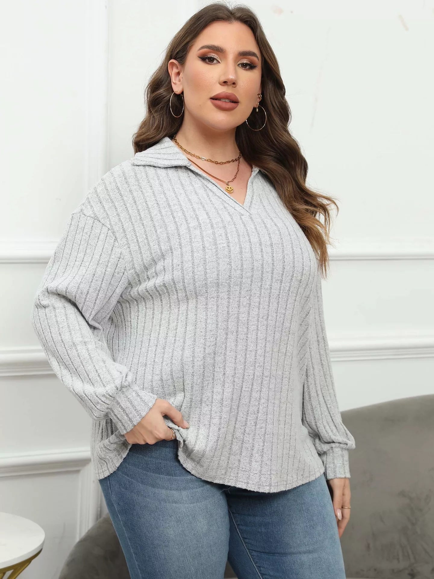 Plus Size Ribbed Knit Polo Collar T-Shirt