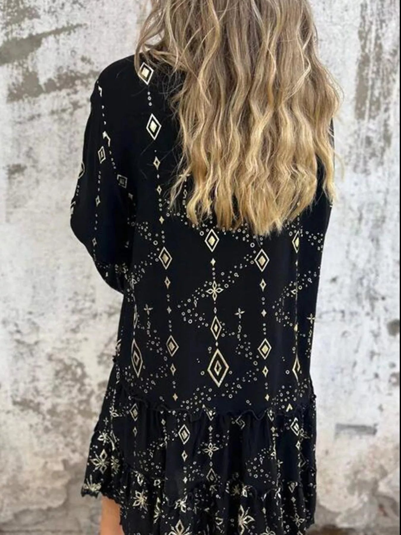 Full Size Printed Notched Flare Sleeve Dress Plus Size