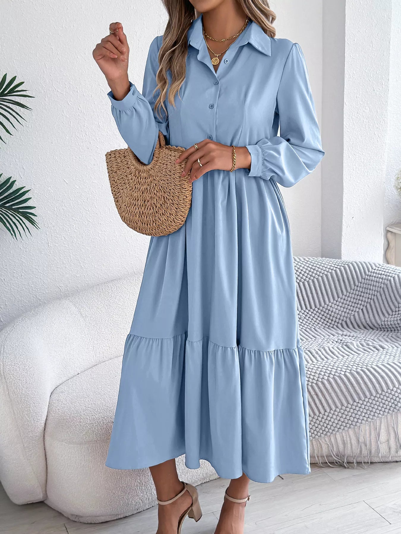 Long Sleeve Tiered Button Front Midi Dress