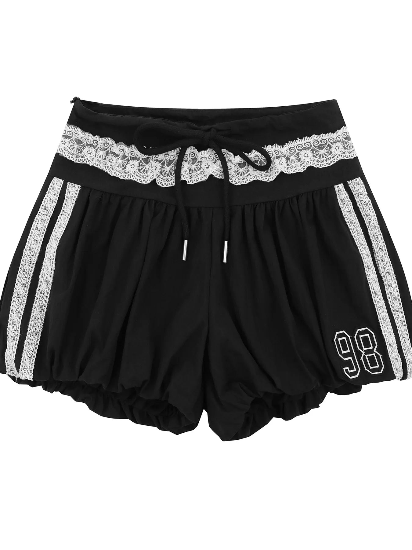 Lace Trim Shorts with Drawstring Black