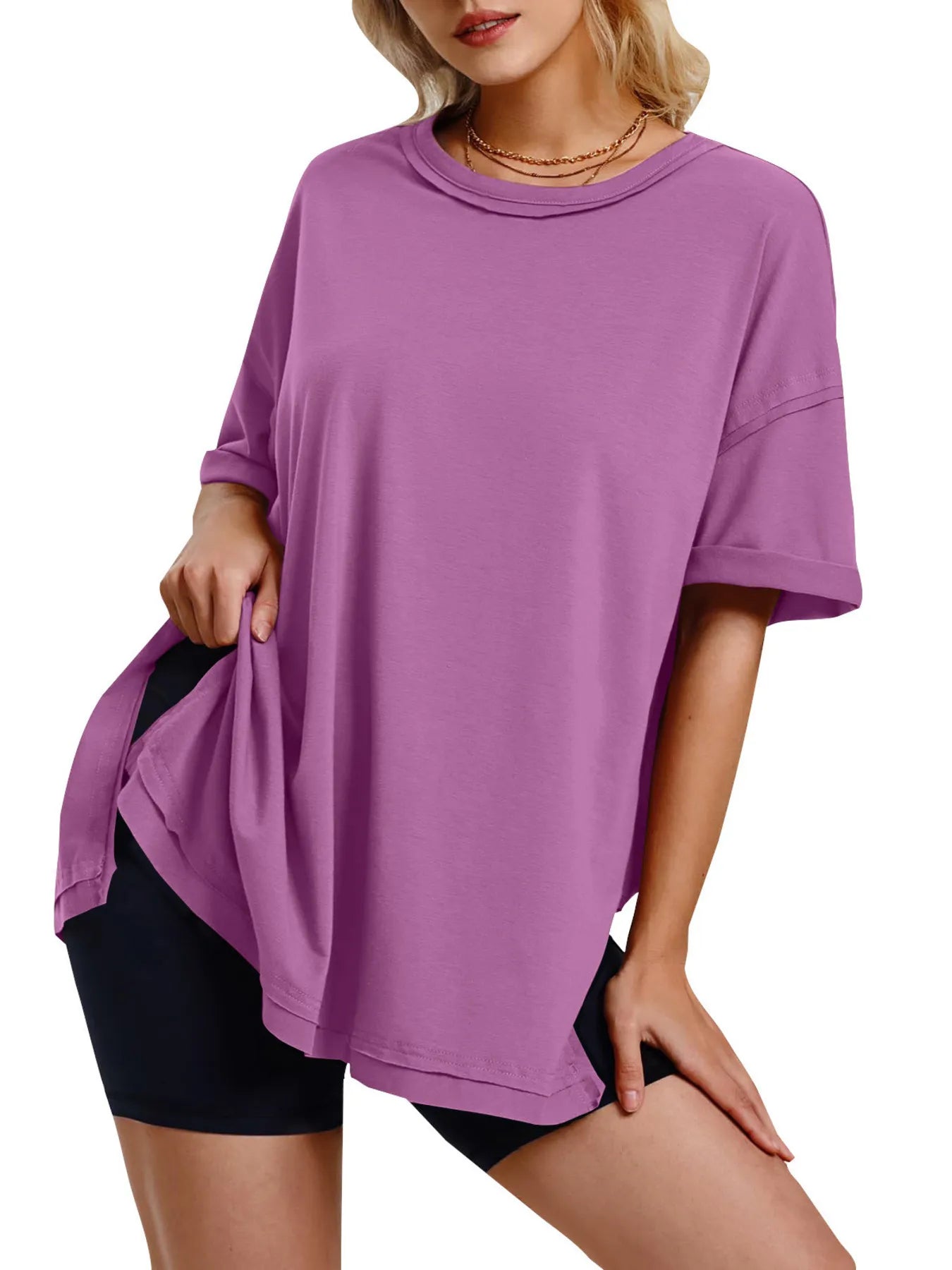 Full Size Oversized Drop Shoulder Side Slit T-Shirt Plus Size Purple