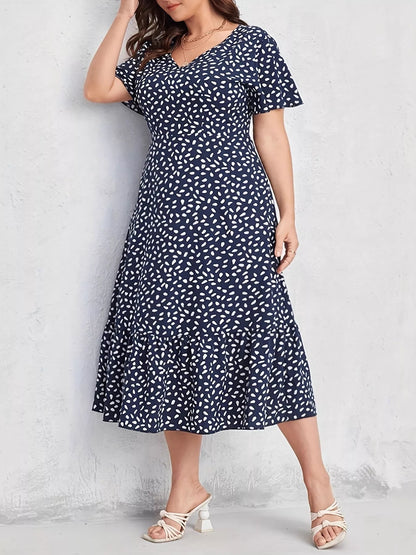 Plus Size Printed V-Neck Short Sleeve Dress