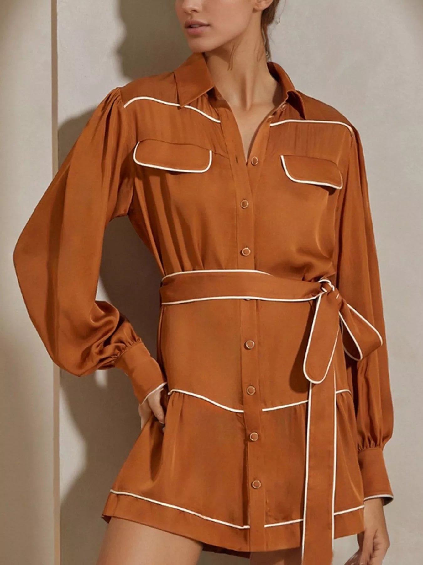 Button Front Long Sleeve Shirt Dress Orange