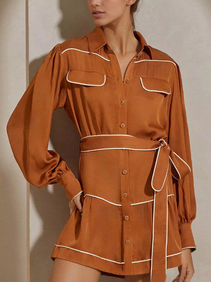 Button Front Long Sleeve Shirt Dress Orange