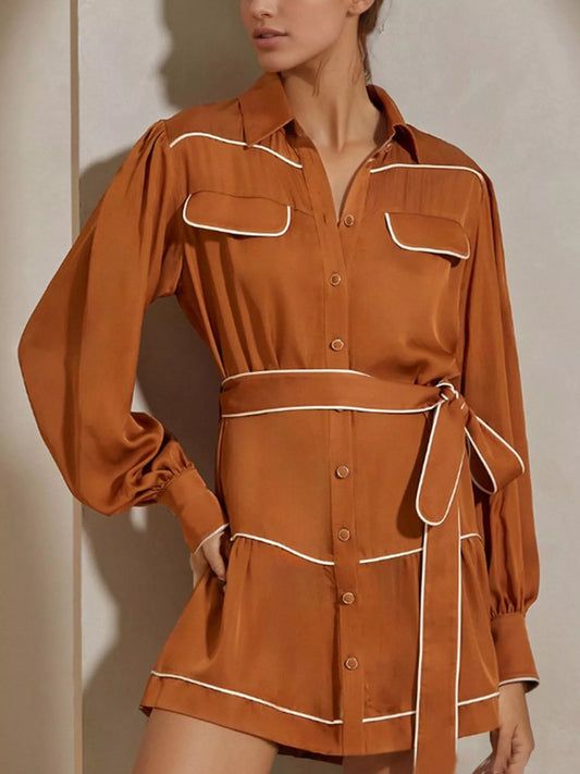 Button Front Long Sleeve Shirt Dress Orange
