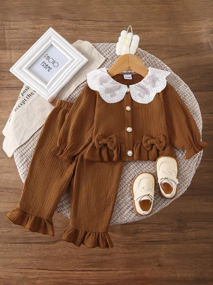 Children's Ruffle Trim Bow Decor Baby Set Brown