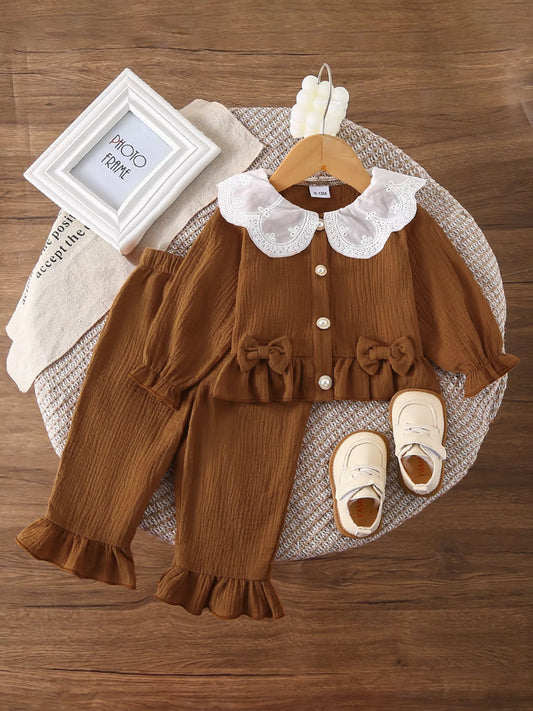 Children's Ruffle Trim Bow Decor Baby Set Brown