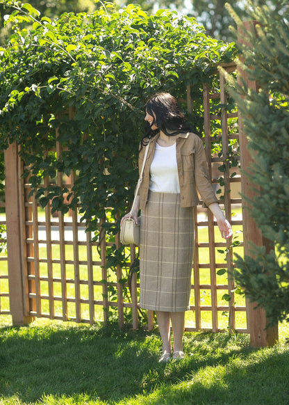 Calista Plaid Wool Midi Pencil Skirt