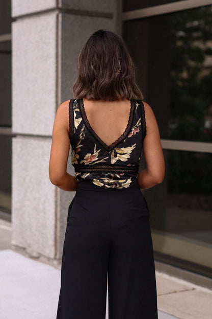 Cambria Black Floral Lace Trim Tank Top