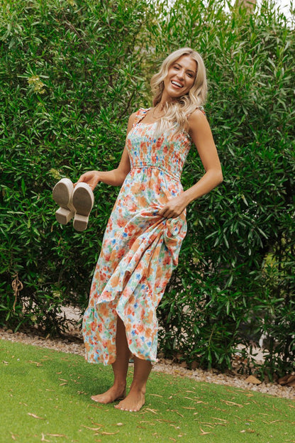 Caribbean Green Floral Smocked Maxi Dress-FINAL SALE