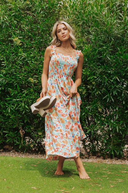 Caribbean Green Floral Smocked Maxi Dress-FINAL SALE