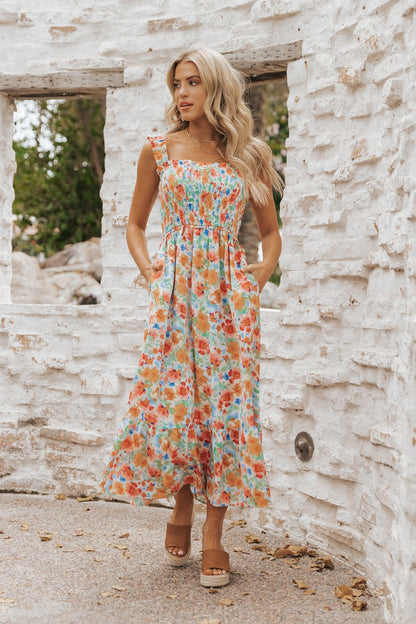 Caribbean Green Floral Smocked Maxi Dress-FINAL SALE