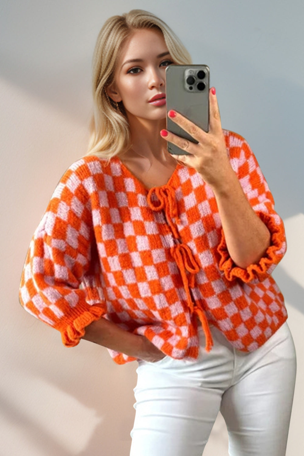 Back To School Sweater - Double Take Tied Checkered Dropped Shoulder Flounce Sleeve Cardigan Orange