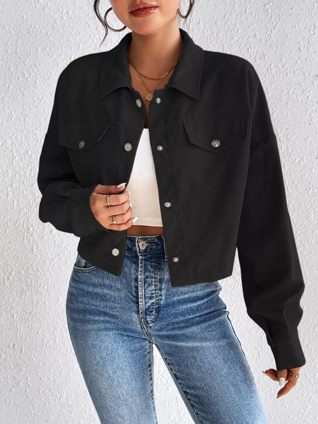 Casual Corduroy Snap Down Cropped Jacket Black