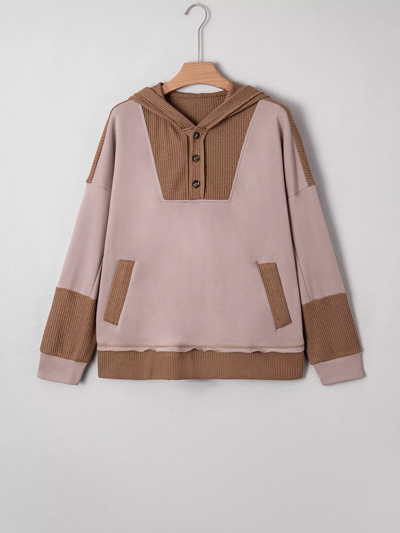 Oversize Waffle Patchwork Exposed Seam Casual Hoodie