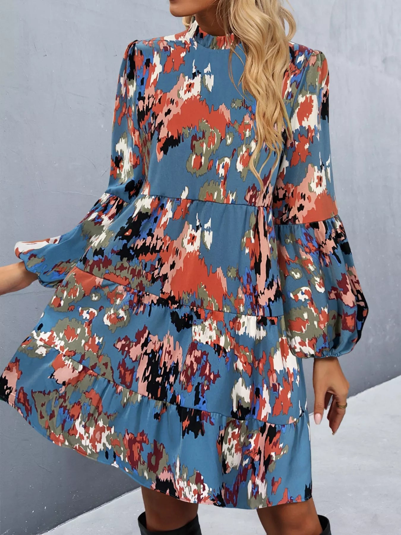 Printed Balloon Sleeve Mini Dress