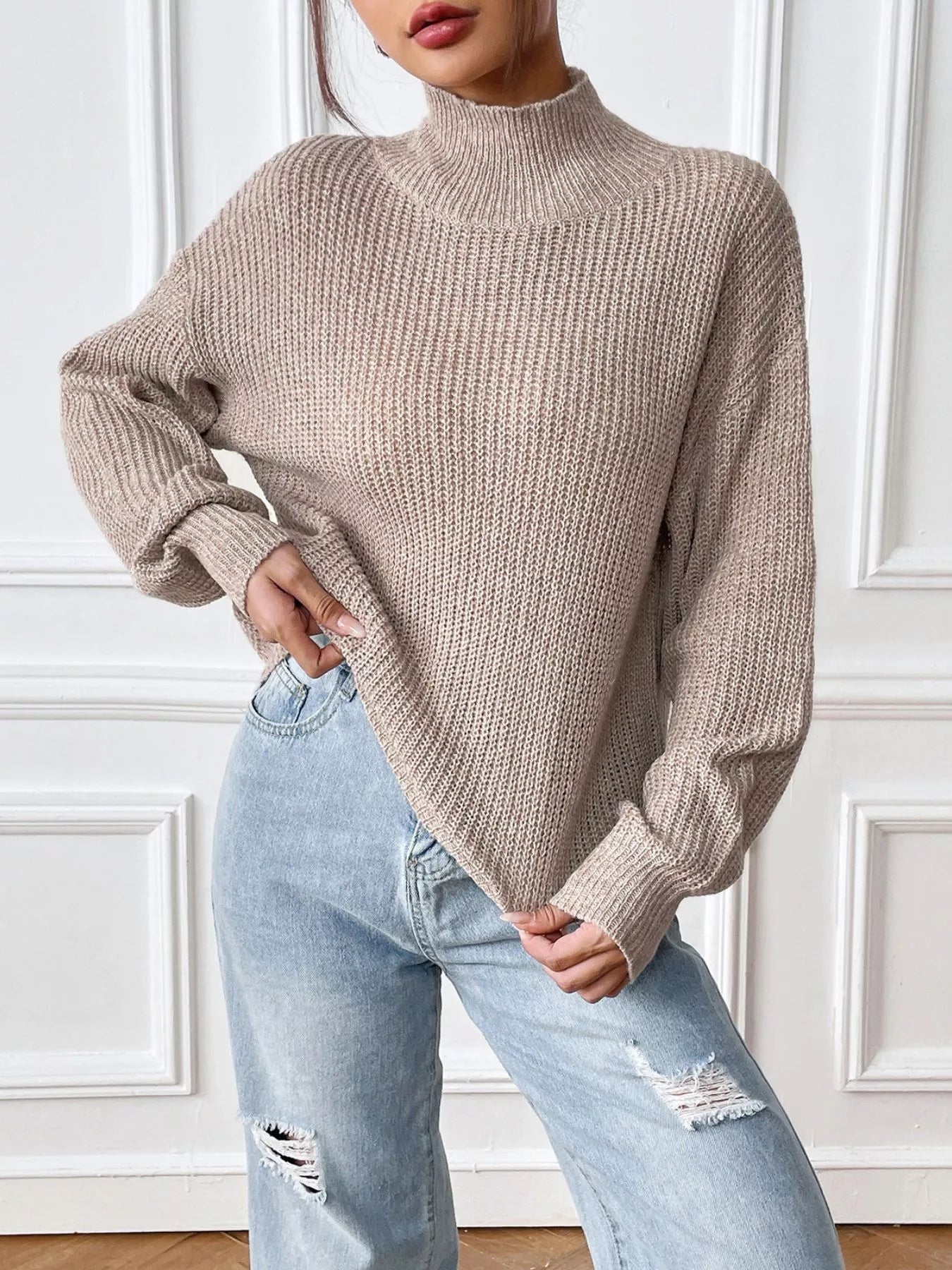 Cozy Knit Turtleneck Dropped Shoulder Sweater Mocha
