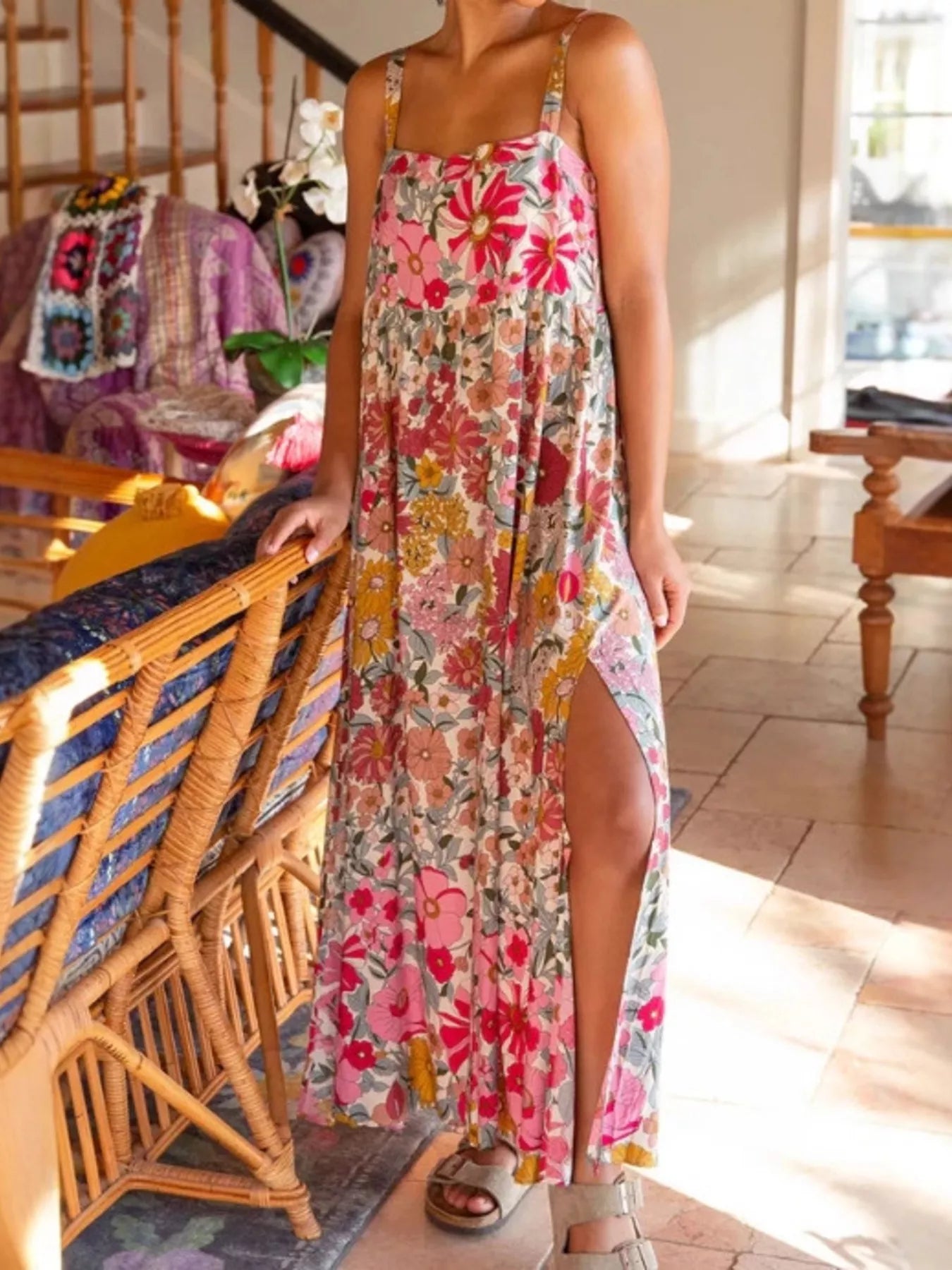 Full Size Square Neck Cami Dress with Side Slit Plus Size Red