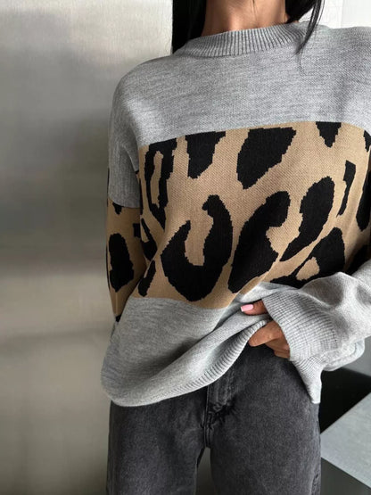 Leopard Color Block Round Neck Sweater