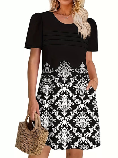 Printed Round Neck Short Sleeve Dress