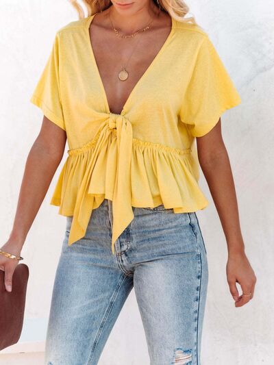 Tied Plunge Short Sleeve Blouse Yellow