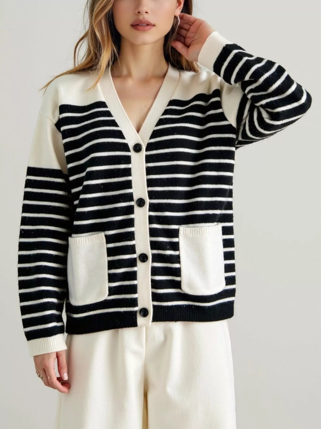 Striped Button-Down Knit Cardigan