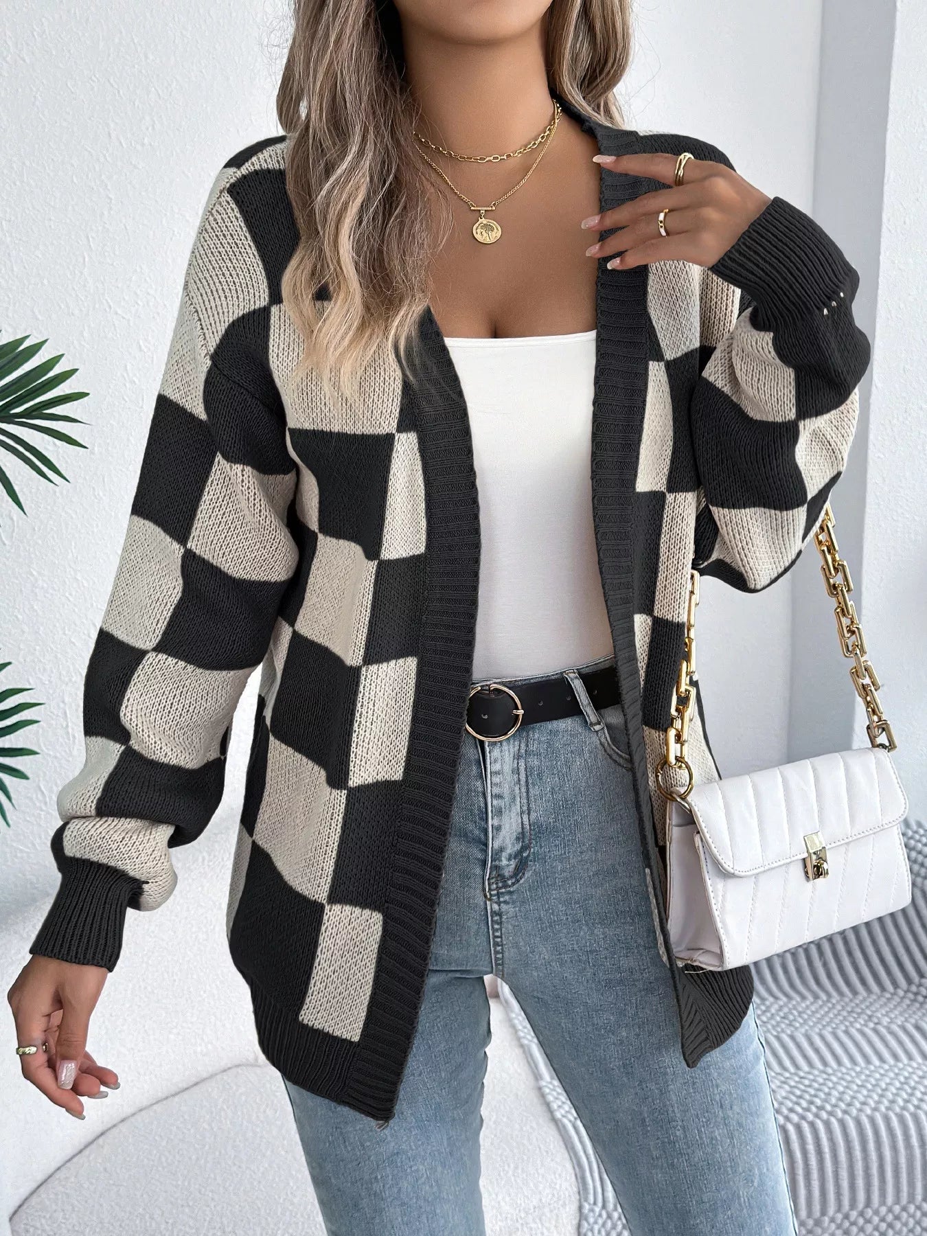 Checkered Pattern Open Front Cardigan Black