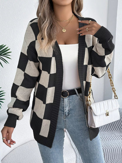 Checkered Pattern Open Front Cardigan Black