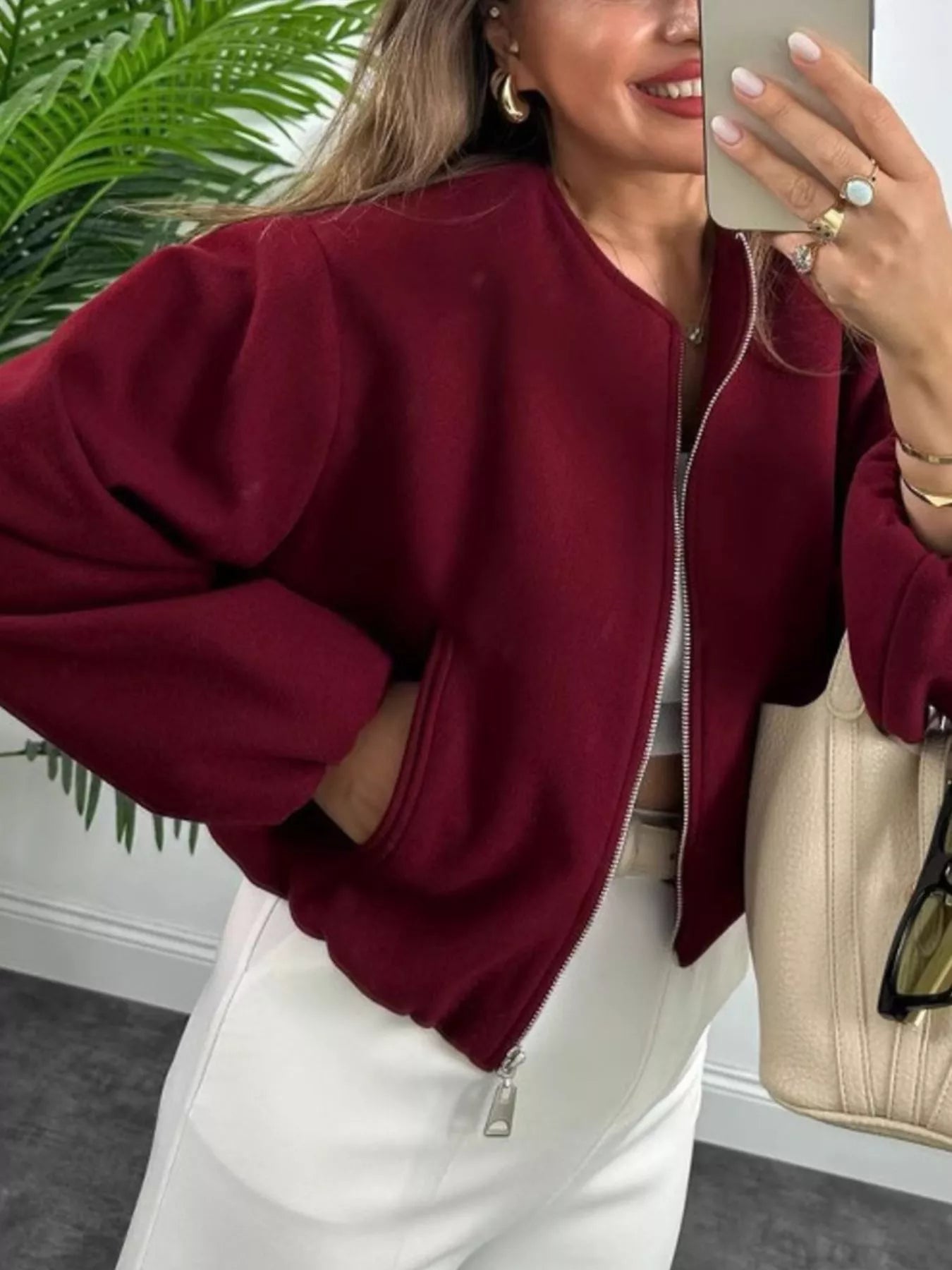 Zip Up Cropped Jacket Burgundy