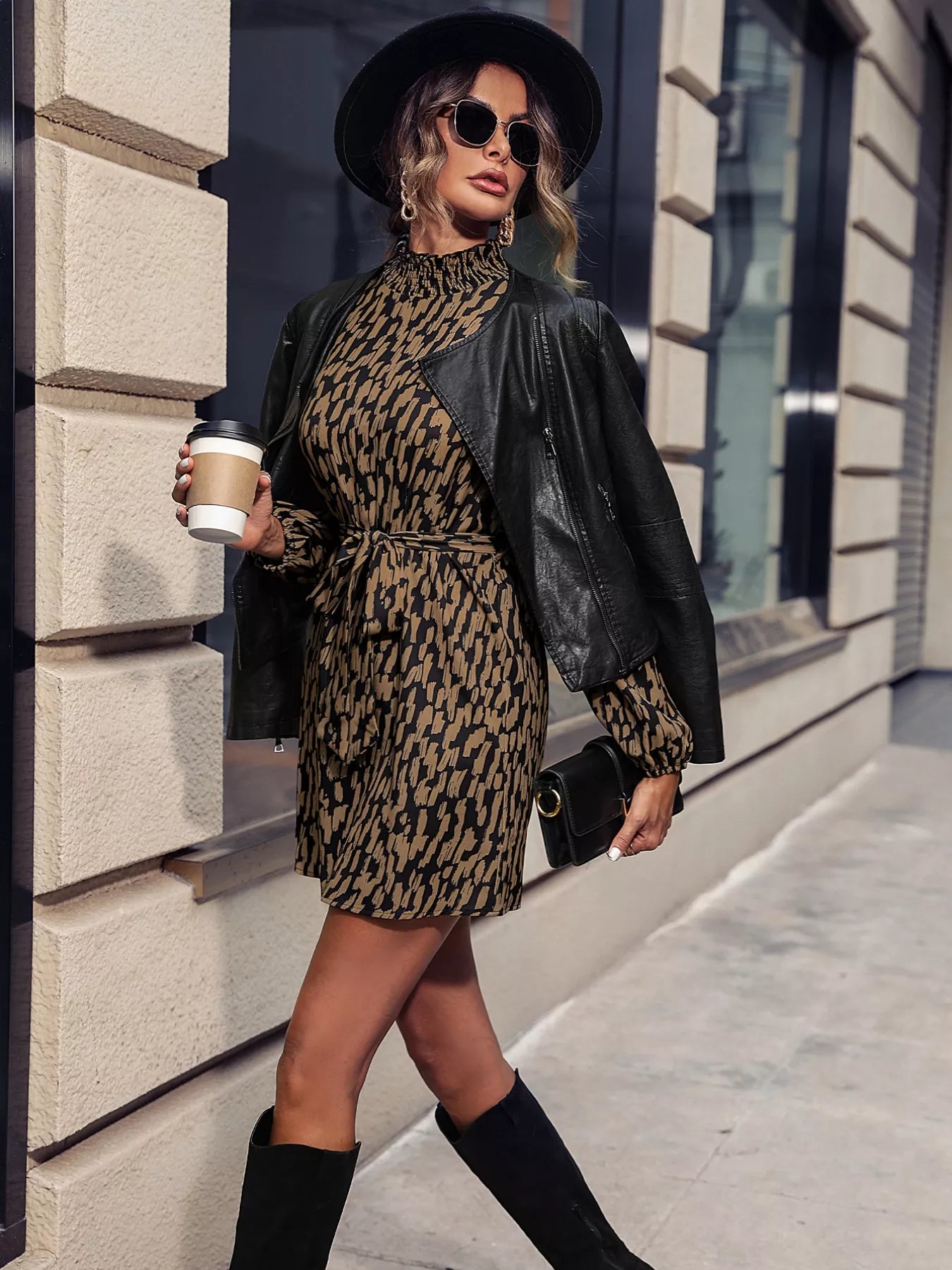 Printed Tie Waist Long Sleeve Dress