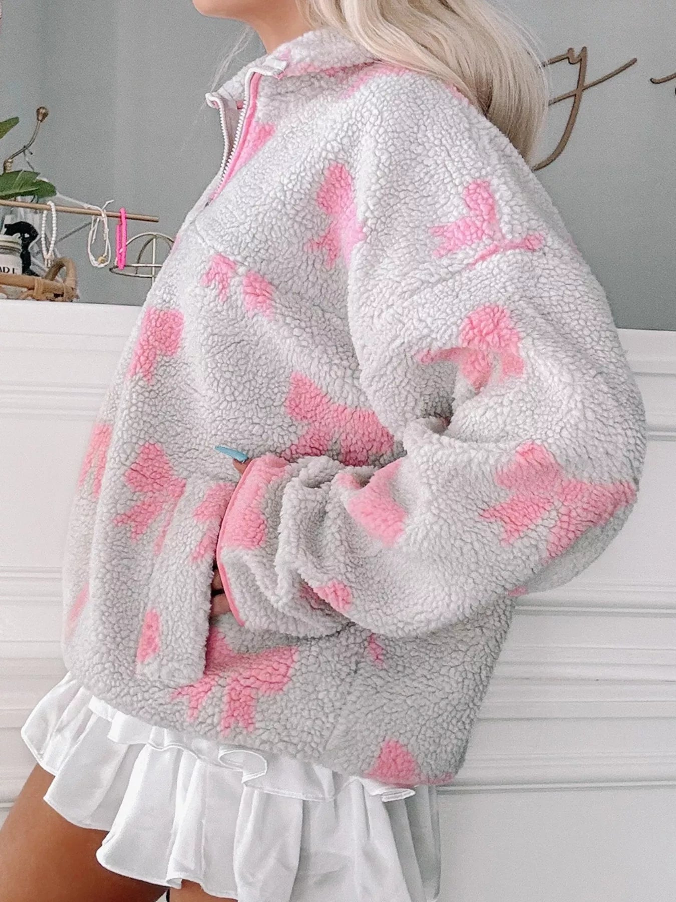 Bow Zip Collar Fleece Sweatshirt